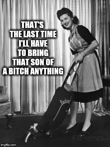 50's Housework | THAT'S THE LAST TIME I'LL HAVE TO BRING THAT SON OF A B**CH ANYTHING | image tagged in 50's housework | made w/ Imgflip meme maker