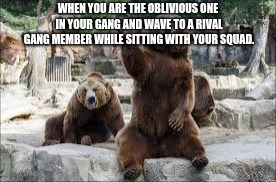 bears | WHEN YOU ARE THE OBLIVIOUS ONE IN YOUR GANG AND WAVE TO A RIVAL GANG MEMBER WHILE SITTING WITH YOUR SQUAD. | image tagged in bears | made w/ Imgflip meme maker