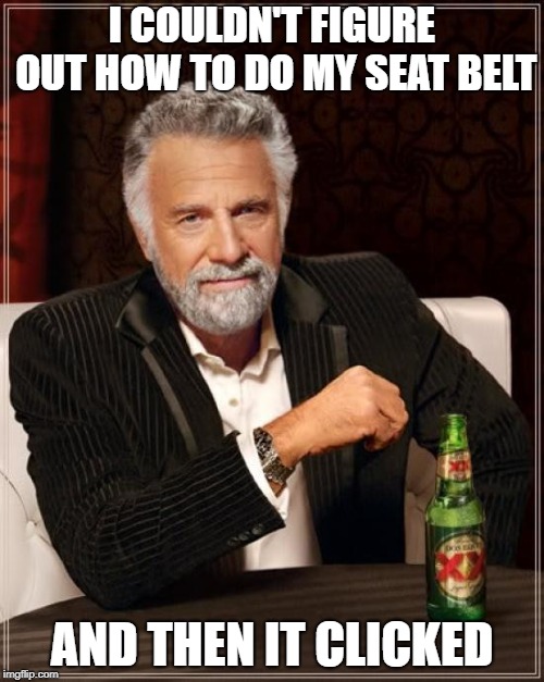 The Most Interesting Man In The World Meme | I COULDN'T FIGURE OUT HOW TO DO MY SEAT BELT; AND THEN IT CLICKED | image tagged in memes,the most interesting man in the world | made w/ Imgflip meme maker