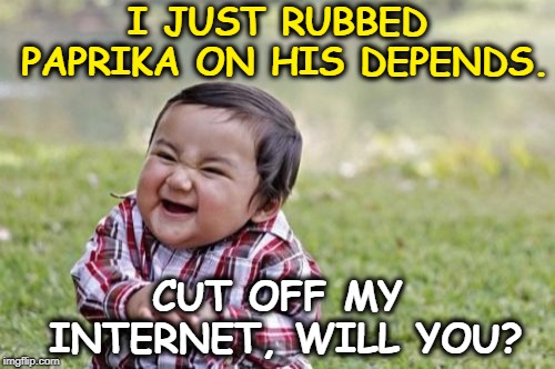 . | I JUST RUBBED PAPRIKA ON HIS DEPENDS. CUT OFF MY INTERNET, WILL YOU? | image tagged in memes,evil toddler,depends,internet | made w/ Imgflip meme maker