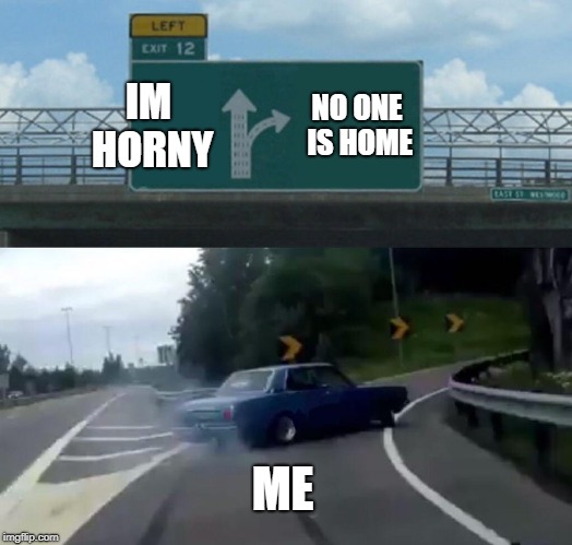 Left Exit 12 Off Ramp | IM HORNY; NO ONE IS HOME; ME | image tagged in memes,left exit 12 off ramp | made w/ Imgflip meme maker
