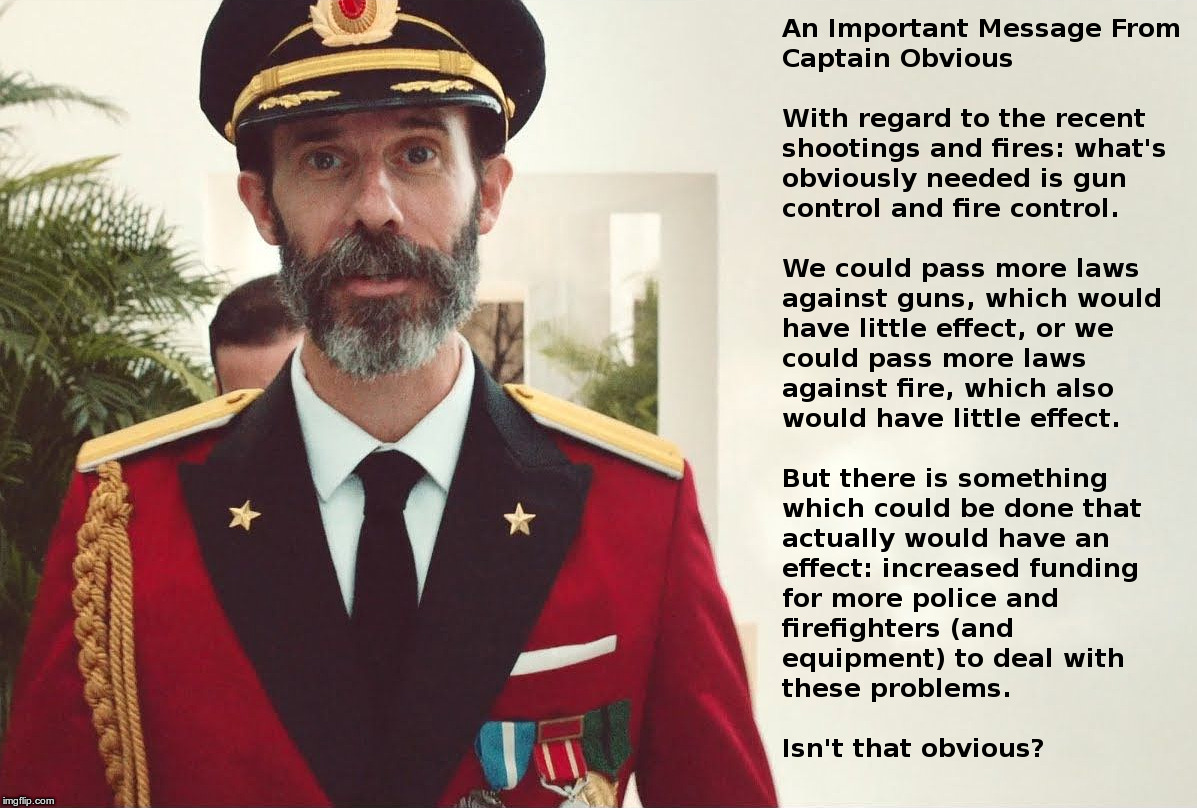 An Important Message From Captain Obvious | image tagged in captain obvious,feel good legislation,versus,having more cops,having more than just one 747 supertanker | made w/ Imgflip meme maker