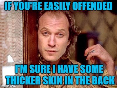 I personally am not easily offended...no one should have that power over you. |  IF YOU'RE EASILY OFFENDED; I'M SURE I HAVE SOME THICKER SKIN IN THE BACK | image tagged in buffalo bill,memes,easily offended,funny,thick skin,buffalo bill silence of the lambs | made w/ Imgflip meme maker