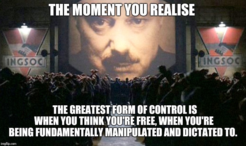 Big brother | THE MOMENT YOU REALISE; THE GREATEST FORM OF CONTROL IS WHEN YOU THINK YOU'RE FREE, WHEN YOU'RE BEING FUNDAMENTALLY MANIPULATED AND DICTATED TO. | image tagged in big brother | made w/ Imgflip meme maker
