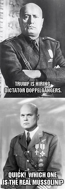 Trump Hiring Dictators! | TRUMP IS HIRING DICTATOR DOPPELGANGERS. QUICK!  WHICH ONE IS THE REAL MUSSOLINI? | image tagged in donald trump,mussolini,matt whitaker,dictator,politics | made w/ Imgflip meme maker