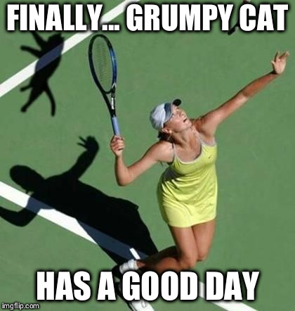 Grumpy Cat Tennis | FINALLY... GRUMPY CAT; HAS A GOOD DAY | image tagged in grumpy cat tennis | made w/ Imgflip meme maker
