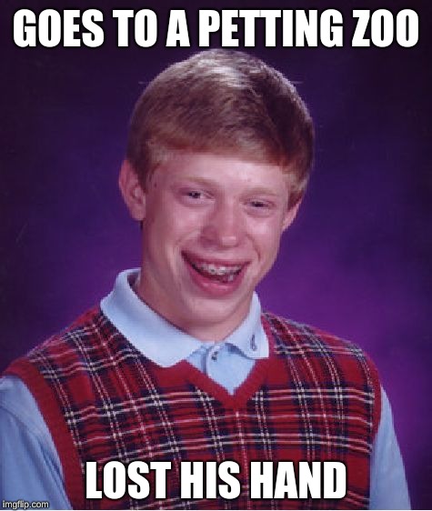 Bad Luck Brian | GOES TO A PETTING ZOO; LOST HIS HAND | image tagged in memes,bad luck brian | made w/ Imgflip meme maker