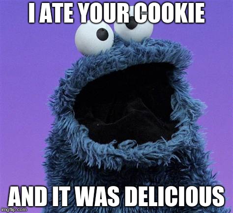 cookie monster | I ATE YOUR COOKIE; AND IT WAS DELICIOUS | image tagged in cookie monster | made w/ Imgflip meme maker
