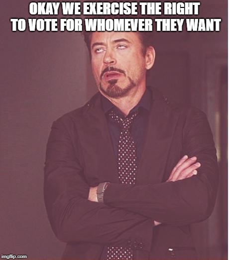 Face You Make Robert Downey Jr Meme | OKAY WE EXERCISE THE RIGHT TO VOTE FOR WHOMEVER THEY WANT | image tagged in memes,face you make robert downey jr | made w/ Imgflip meme maker
