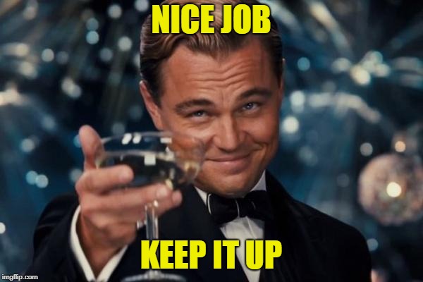 Leonardo Dicaprio Cheers Meme | NICE JOB KEEP IT UP | image tagged in memes,leonardo dicaprio cheers | made w/ Imgflip meme maker