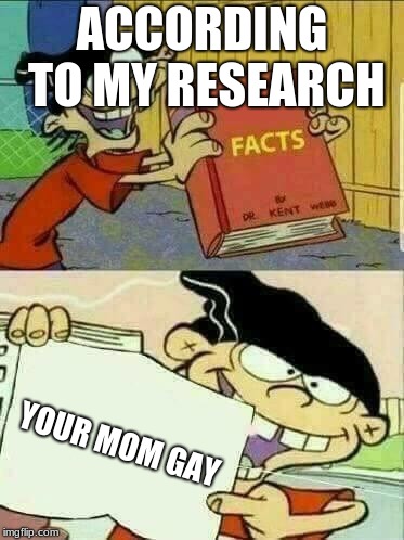 Double d facts book  | ACCORDING TO MY RESEARCH; YOUR MOM GAY | image tagged in double d facts book | made w/ Imgflip meme maker