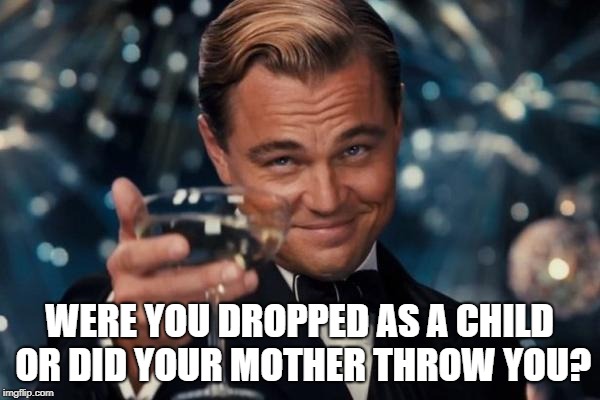 Leonardo Dicaprio Cheers Meme | WERE YOU DROPPED AS A CHILD OR DID YOUR MOTHER THROW YOU? | image tagged in memes,leonardo dicaprio cheers | made w/ Imgflip meme maker