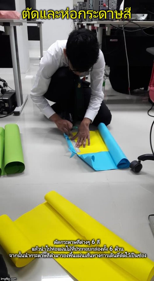 ตัดและห่อกระดาษสี; ตัดกระดาษสีต่างๆ 6 สี แล้วนำไปห่อแผ่นไม้ที่ประกอบกล่องทั้ง 6 ด้าน จากนั้นนำกระดาษสีดำมารองพื้นแผ่นเส้นทางการเดินที่ตัดไว้เป็นช่อง | made w/ Imgflip meme maker