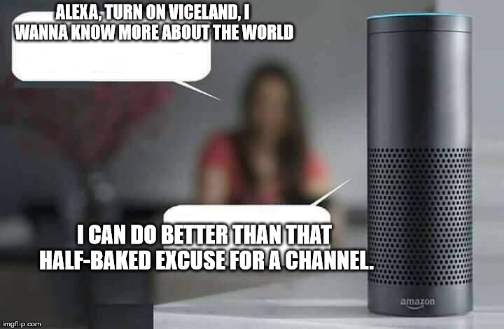 Alexa do X | ALEXA, TURN ON VICELAND, I WANNA KNOW MORE ABOUT THE WORLD; I CAN DO BETTER THAN THAT HALF-BAKED EXCUSE FOR A CHANNEL. | image tagged in alexa do x,memes,viceland | made w/ Imgflip meme maker