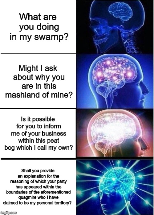 Expanding Brain | What are you doing in my swamp? Might I ask about why you are in this mashland of mine? Is it possible for you to inform me of your business within this peat bog which I call my own? Shall you provide an explanation for the reasoning of which your party has appeared within the boundaries of the aforementioned quagmire who I have claimed to be my personal territory? | image tagged in memes,expanding brain | made w/ Imgflip meme maker