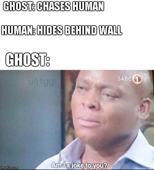 am I a joke to you | GHOST: CHASES HUMAN; HUMAN: HIDES BEHIND WALL; GHOST: | image tagged in am i a joke to you | made w/ Imgflip meme maker