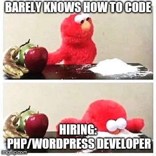 elmo cocaine | BARELY KNOWS HOW TO CODE; HIRING: PHP/WORDPRESS DEVELOPER | image tagged in elmo cocaine | made w/ Imgflip meme maker