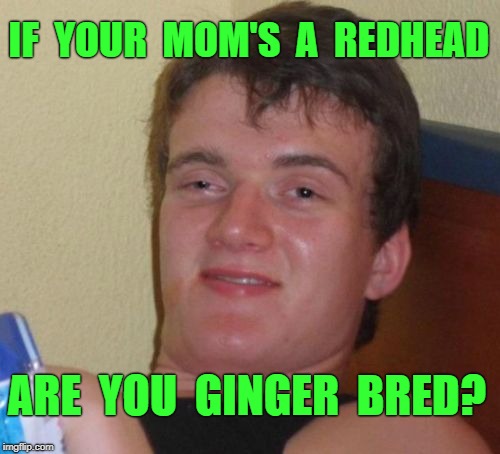 10 Guy | IF  YOUR  MOM'S  A  REDHEAD; ARE  YOU  GINGER  BRED? | image tagged in memes,10 guy,gingers,redheads,funny memes | made w/ Imgflip meme maker