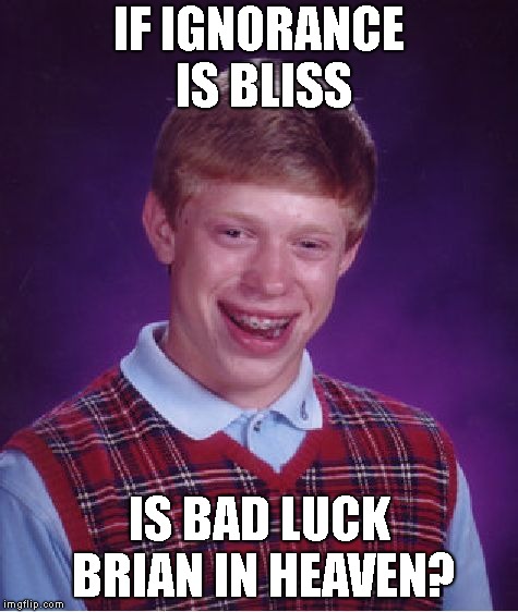 Bad Luck Bliss! | IF IGNORANCE IS BLISS; IS BAD LUCK BRIAN IN HEAVEN? | image tagged in memes,bad luck brian,heaven,bliss,ignorance | made w/ Imgflip meme maker