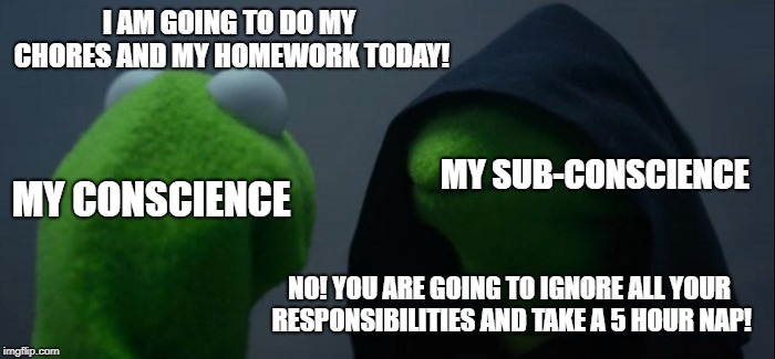 #procrastination | I AM GOING TO DO MY CHORES AND MY HOMEWORK TODAY! MY SUB-CONSCIENCE; MY CONSCIENCE; NO! YOU ARE GOING TO IGNORE ALL YOUR RESPONSIBILITIES AND TAKE A 5 HOUR NAP! | image tagged in memes,evil kermit | made w/ Imgflip meme maker