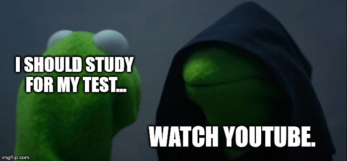 Evil Kermit | I SHOULD STUDY FOR MY TEST... WATCH YOUTUBE. | image tagged in memes,evil kermit,youtube,studying | made w/ Imgflip meme maker
