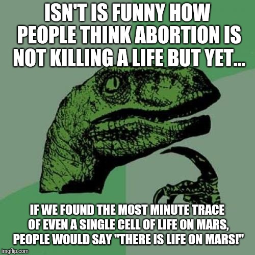 Philosoraptor Meme | ISN'T IS FUNNY HOW PEOPLE THINK ABORTION IS NOT KILLING A LIFE BUT YET... IF WE FOUND THE MOST MINUTE TRACE OF EVEN A SINGLE CELL OF LIFE ON MARS, PEOPLE WOULD SAY "THERE IS LIFE ON MARS!" | image tagged in memes,philosoraptor | made w/ Imgflip meme maker