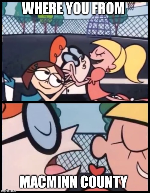 Say it Again, Dexter Meme | WHERE YOU FROM; MACMINN COUNTY | image tagged in say it again dexter | made w/ Imgflip meme maker