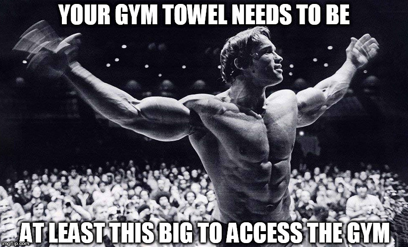 Arnold Schwarzenegger with open arms | YOUR GYM TOWEL NEEDS TO BE; AT LEAST THIS BIG TO ACCESS THE GYM | image tagged in gym,gym etiquette,big,towel,mr olympia | made w/ Imgflip meme maker