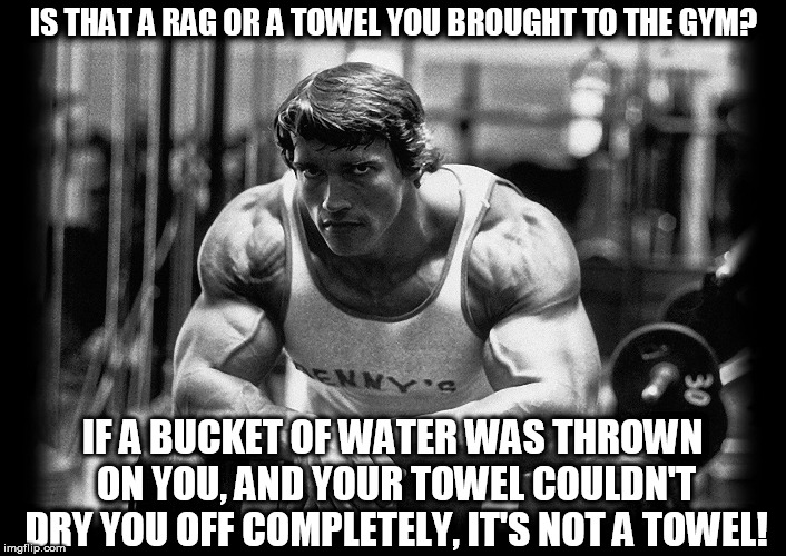 Arnold Schwarzenegger at gym leaning over bench B&W photo | IS THAT A RAG OR A TOWEL YOU BROUGHT TO THE GYM? IF A BUCKET OF WATER WAS THROWN ON YOU, AND YOUR TOWEL COULDN'T DRY YOU OFF COMPLETELY, IT'S NOT A TOWEL! | image tagged in gym,towel,water,bucket | made w/ Imgflip meme maker