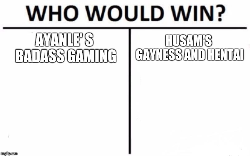 Who Would Win? Meme | AYANLE' S BADASS GAMING; HUSAM'S GAYNESS AND HENTAI | image tagged in memes,who would win | made w/ Imgflip meme maker