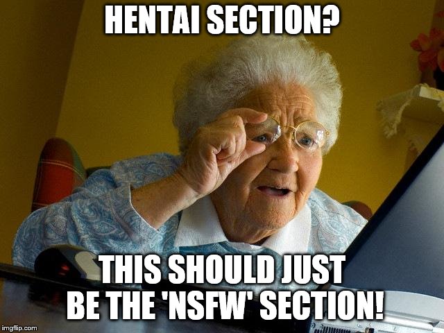 Grandma Finds The Internet Meme | HENTAI SECTION? THIS SHOULD JUST BE THE 'NSFW' SECTION! | image tagged in memes,grandma finds the internet | made w/ Imgflip meme maker