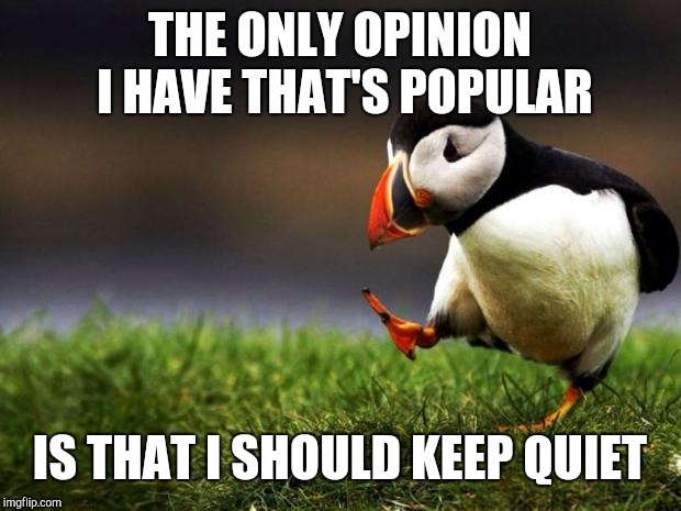 Unpopular Opinion Puffin Meme | THE ONLY OPINION I HAVE THAT'S POPULAR; IS THAT I SHOULD KEEP QUIET | image tagged in memes,unpopular opinion puffin | made w/ Imgflip meme maker
