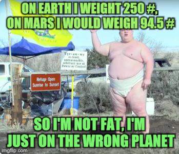Overweight Occupier | ON EARTH I WEIGHT 250 #, ON MARS I WOULD WEIGH 94.5 #; SO I'M NOT FAT, I'M JUST ON THE WRONG PLANET | image tagged in overweight occupier | made w/ Imgflip meme maker