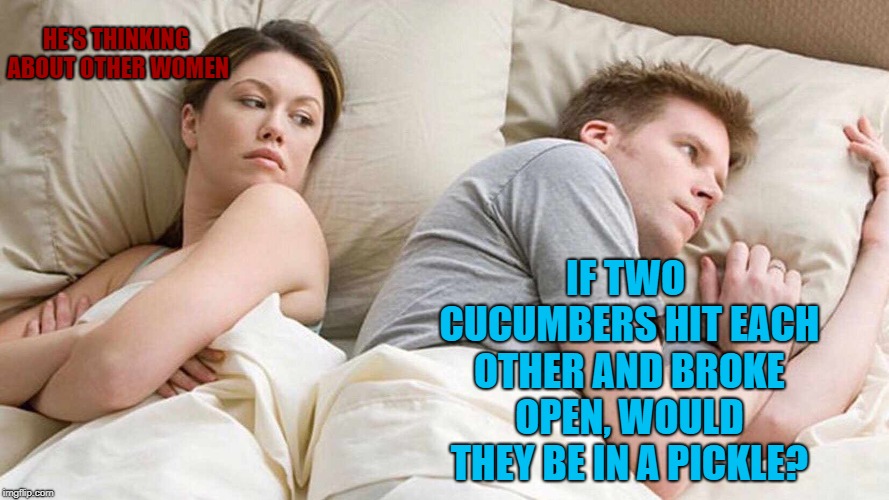 Cucumbers and Pickles | HE'S THINKING ABOUT OTHER WOMEN; IF TWO CUCUMBERS HIT EACH OTHER AND BROKE OPEN, WOULD THEY BE IN A PICKLE? | image tagged in i bet he's thinking about other women | made w/ Imgflip meme maker