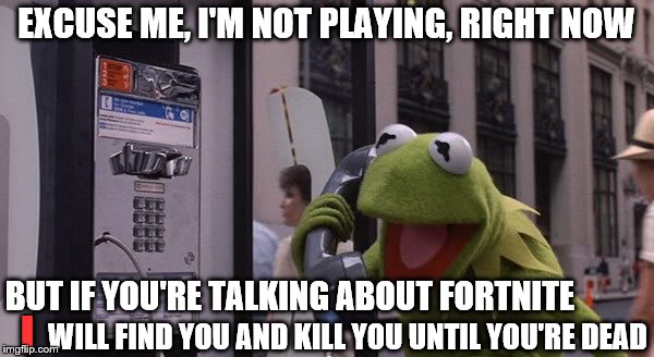 Kermit Phone | EXCUSE ME, I'M NOT PLAYING, RIGHT NOW BUT IF YOU'RE TALKING ABOUT FORTNITE I WILL FIND YOU AND KILL YOU UNTIL YOU'RE DEAD | image tagged in kermit phone | made w/ Imgflip meme maker