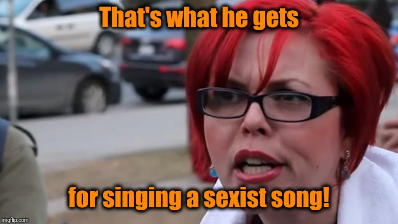  triggered | That's what he gets for singing a sexist song! | image tagged in triggered | made w/ Imgflip meme maker