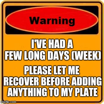 Warning Sign | I'VE HAD A FEW LONG
DAYS (WEEK); PLEASE LET ME RECOVER BEFORE ADDING ANYTHING TO MY PLATE | image tagged in memes,warning sign | made w/ Imgflip meme maker
