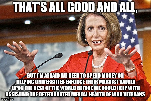 Nancy Pelosi is crazy | THAT'S ALL GOOD AND ALL, BUT I'M AFRAID WE NEED TO SPEND MONEY ON HELPING UNIVERSITIES ENFORCE THEIR MARXIST VALUES UPON THE REST OF THE WOR | image tagged in nancy pelosi is crazy | made w/ Imgflip meme maker