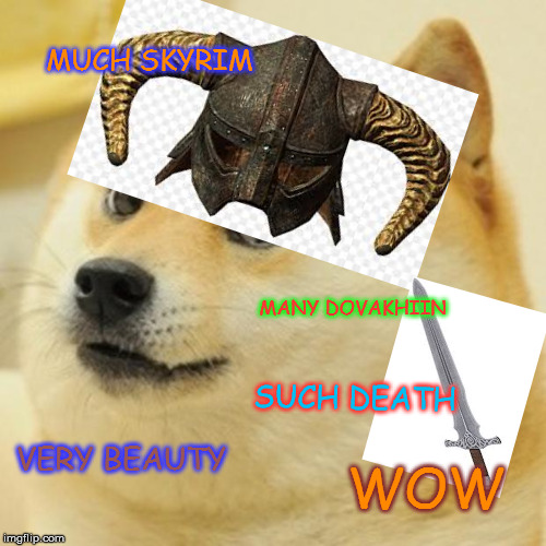 Doge | MUCH SKYRIM; MANY DOVAKHIIN; SUCH DEATH; VERY BEAUTY; WOW | image tagged in memes,doge | made w/ Imgflip meme maker