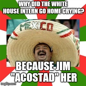 Sombrero man  | WHY DID THE WHITE HOUSE INTERN GO HOME CRYING? BECAUSE JIM "ACOSTAD" HER | image tagged in sombrero man | made w/ Imgflip meme maker