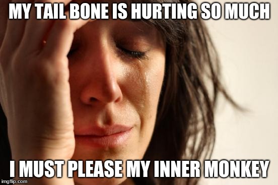 First World Problems | MY TAIL BONE IS HURTING SO MUCH; I MUST PLEASE MY INNER MONKEY | image tagged in memes,first world problems | made w/ Imgflip meme maker