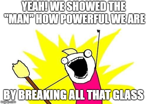 X All The Y | YEAH! WE SHOWED THE "MAN" HOW POWERFUL WE ARE; BY BREAKING ALL THAT GLASS | image tagged in memes,x all the y | made w/ Imgflip meme maker