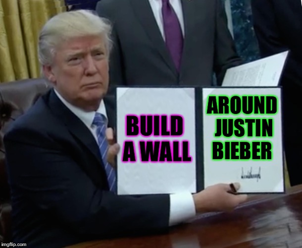 Trump Bill Signing Meme | BUILD A WALL AROUND JUSTIN BIEBER | image tagged in memes,trump bill signing | made w/ Imgflip meme maker