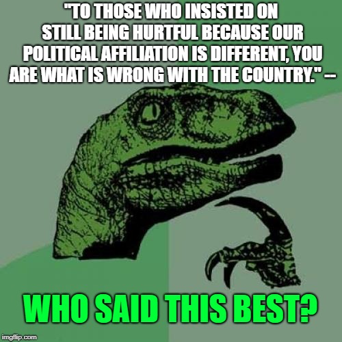 Philosoraptor | "TO THOSE WHO INSISTED ON STILL BEING HURTFUL BECAUSE OUR POLITICAL AFFILIATION IS DIFFERENT, YOU ARE WHAT IS WRONG WITH THE COUNTRY." --; WHO SAID THIS BEST? | image tagged in memes,philosoraptor | made w/ Imgflip meme maker