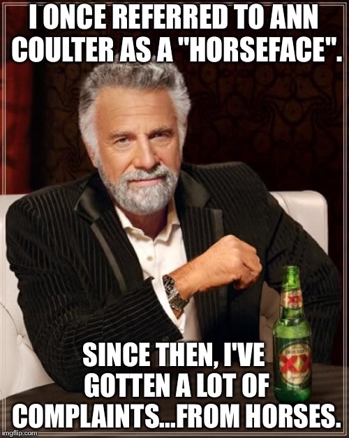 The horses didn't like it. | I ONCE REFERRED TO ANN COULTER AS A "HORSEFACE". SINCE THEN, I'VE GOTTEN A LOT OF COMPLAINTS...FROM HORSES. | image tagged in memes,the most interesting man in the world | made w/ Imgflip meme maker