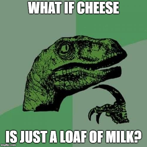 milkloaf | WHAT IF CHEESE; IS JUST A LOAF OF MILK? | image tagged in memes,philosoraptor,funny | made w/ Imgflip meme maker
