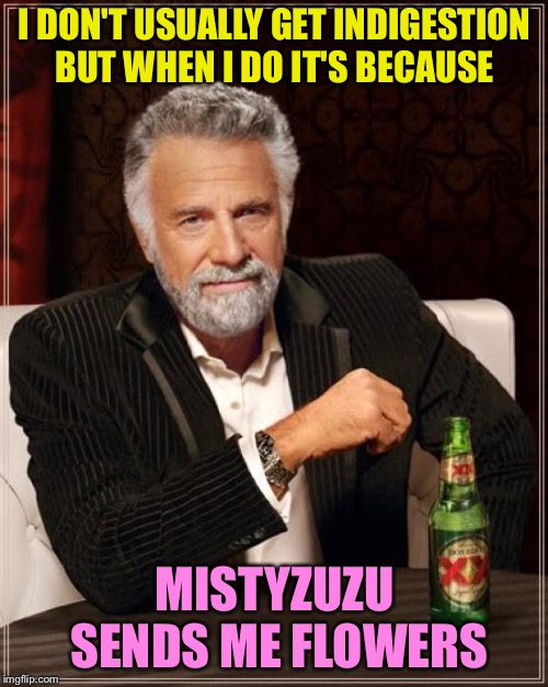 The Most Interesting Man In The World Meme | I DON'T USUALLY GET INDIGESTION BUT WHEN I DO IT'S BECAUSE MISTYZUZU SENDS ME FLOWERS | image tagged in memes,the most interesting man in the world | made w/ Imgflip meme maker