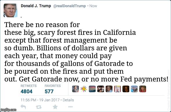 blank trump tweet | There be no reason for these big, scary forest fires in California except that forest management be so dumb. Billions of dollars are given each year, that money could pay for thousands of gallons of Gatorade to be poured on the fires and put them out. Get Gatorade now, or no more Fed payments! | image tagged in blank trump tweet | made w/ Imgflip meme maker