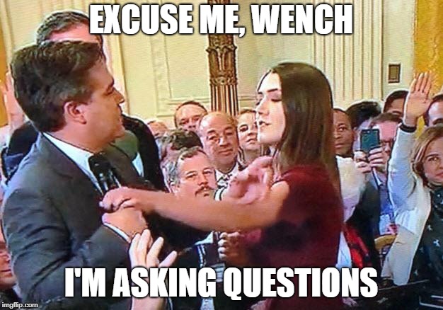 Jim Acosta the Accoster | EXCUSE ME, WENCH; I'M ASKING QUESTIONS | image tagged in jim acosta the accoster | made w/ Imgflip meme maker