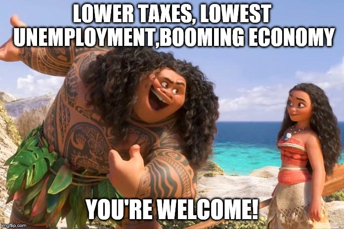 Moana Maui You're Welcome | LOWER TAXES,
LOWEST UNEMPLOYMENT,BOOMING ECONOMY; YOU'RE WELCOME! | image tagged in moana maui you're welcome | made w/ Imgflip meme maker